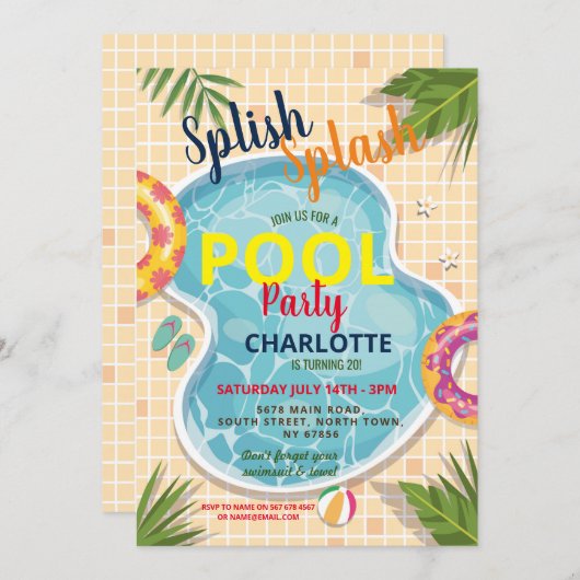 Pool Party Floats Summer Birthday Fun Invite Kaart (Voorkant / Achterkant)