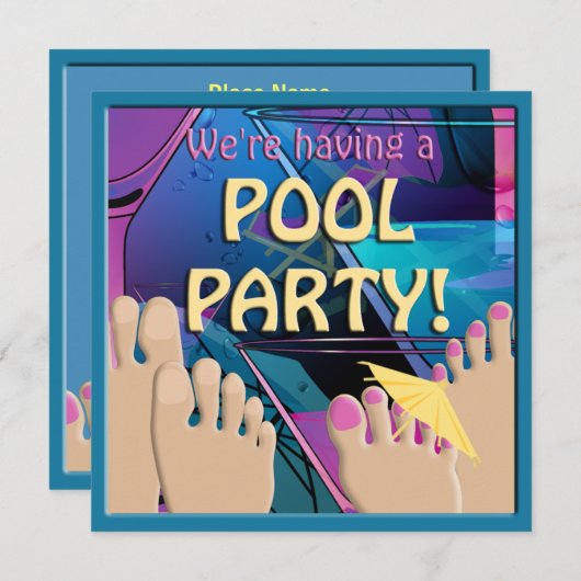 Pool Party Funny Feet Cocktail Cute Invitation Kaart (Voorkant / Achterkant)
