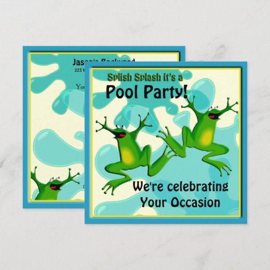 Pool Party Funny Frogs Invitation Kaart (Voorkant / Achterkant)