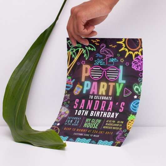 Pool Party Glow Party bewerkbare uitnodiging