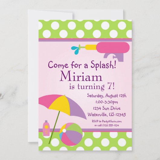 Pool Party Green Polka Dot Birthday Invite Kaart (Voorkant)