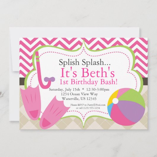 Pool Party Hot Pink Chevron en Tan Argyle Invite Kaart (Voorkant)