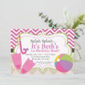 Pool Party Hot Pink Chevron en Tan Argyle Invite Kaart (Staand voorkant)