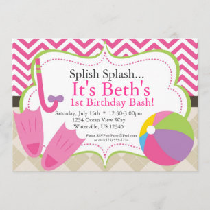 Pool Party Hot Pink Chevron en Tan Argyle Invite Kaart