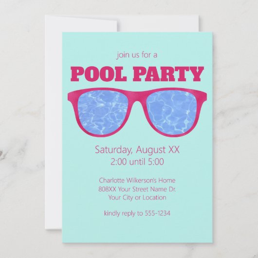 Pool Party Hot Roze Zonnebril op Turquoise Kaart (Voorkant)