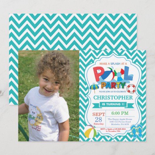 Pool Party Invitation Aqua Splish Splash Boy Kaart (Voorkant / Achterkant)