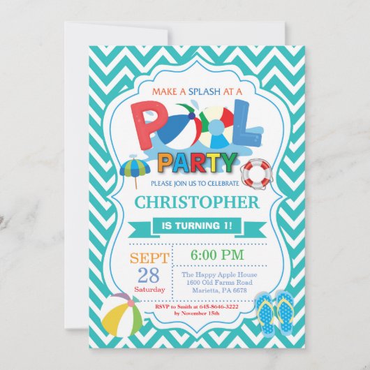 Pool Party Invitation Aqua Splish Splash Boy Kaart (Voorkant)
