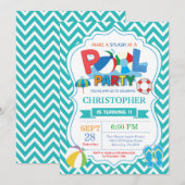 Pool Party Invitation Aqua Splish Splash Boy Kaart (Voorkant / Achterkant)