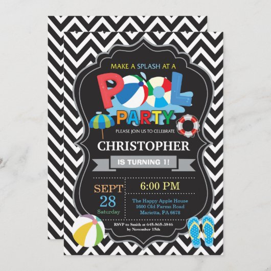 Pool Party Invitation Black Splish Splash Boy Kaart (Voorkant / Achterkant)