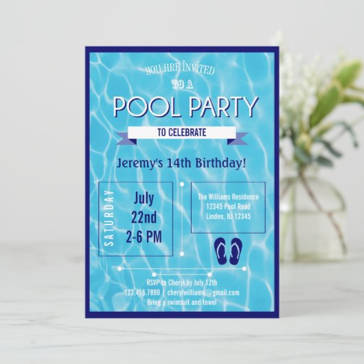 Pool Party Invitation Blue Kaart (Staand voorkant)