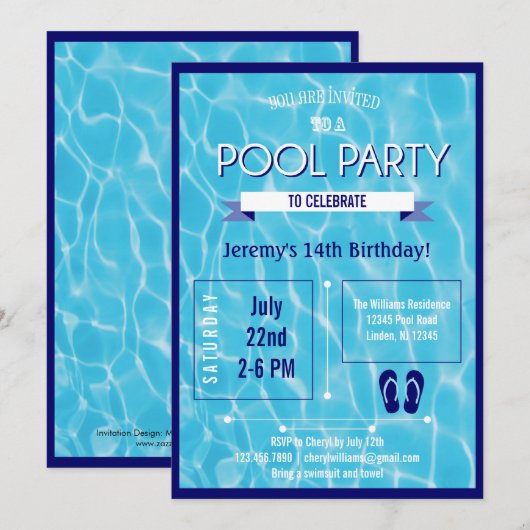 Pool Party Invitation Blue Kaart (Voorkant / Achterkant)