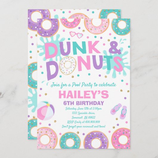 Pool Party Invitation Dunk and Donuts Pool Party Kaart (Voorkant / Achterkant)