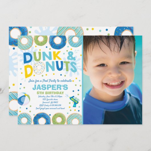 Pool Party Invitation Dunk and Donuts Pool Party Kaart (Voorkant / Achterkant)