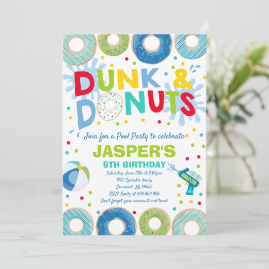 Pool Party Invitation Dunk and Donuts Pool Party Kaart (Staand voorkant)