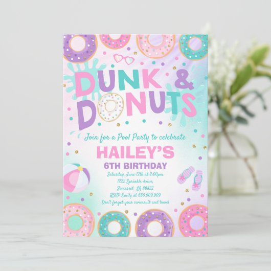 Pool Party Invitation Dunk and Donuts Pool Party Kaart (Staand voorkant)