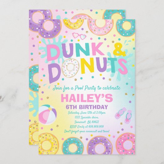 Pool Party Invitation Dunk and Donuts Pool Party Kaart (Voorkant / Achterkant)