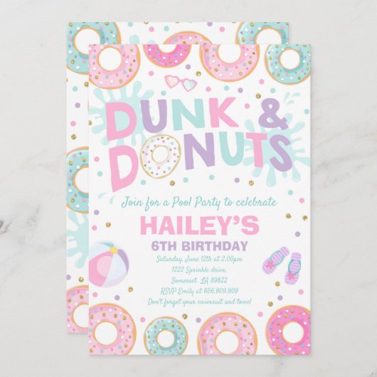 Pool Party Invitation Dunk and Donuts Pool Party Kaart (Voorkant / Achterkant)