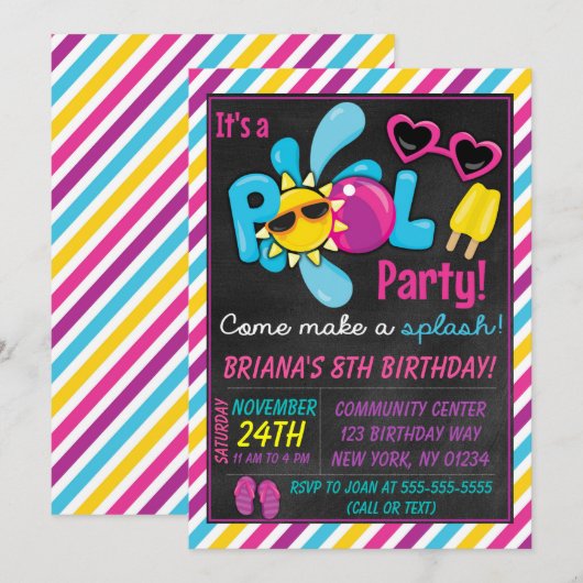 Pool Party Invitation for a Girl Kaart (Voorkant / Achterkant)