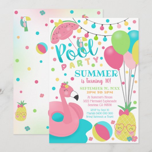 Pool Party Invitation Girl Flamingo Float Pool Kaart (Voorkant / Achterkant)