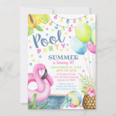 Pool Party Invitation Girl Flamingo Waterverf Kaart (Voorkant)