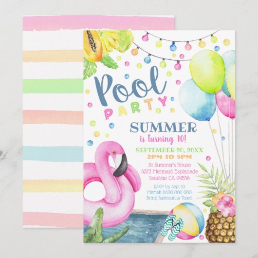 Pool Party Invitation Girl Flamingo Waterverf Kaart (Voorkant / Achterkant)