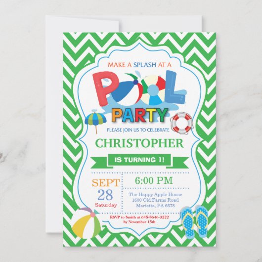 Pool Party Invitation Green Splish Splash Boy Kaart (Voorkant)