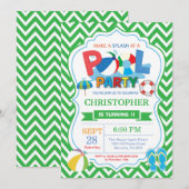 Pool Party Invitation Green Splish Splash Boy Kaart (Voorkant / Achterkant)