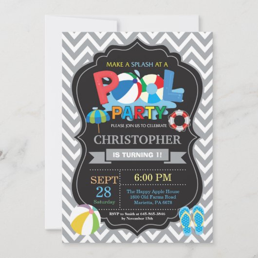 Pool Party Invitation Grey Splish Splash Boy Kaart (Voorkant)