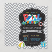 Pool Party Invitation Grey Splish Splash Boy Kaart (Voorkant / Achterkant)