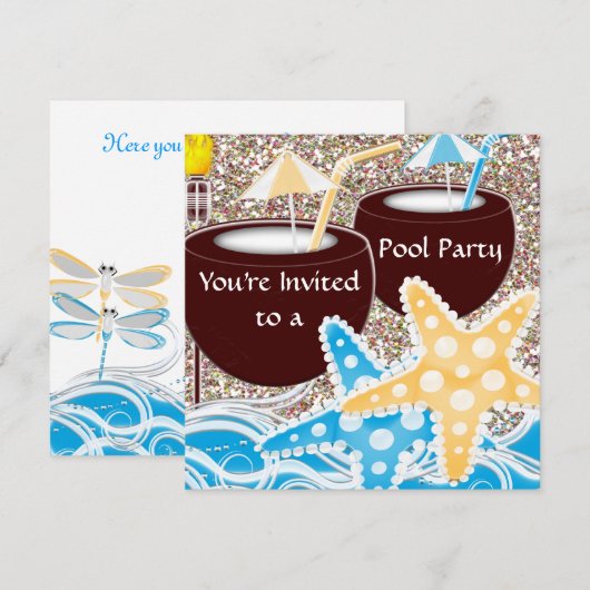 Pool Party Invitation of any Occassion Afstuderen, Kaart (Voorkant / Achterkant)