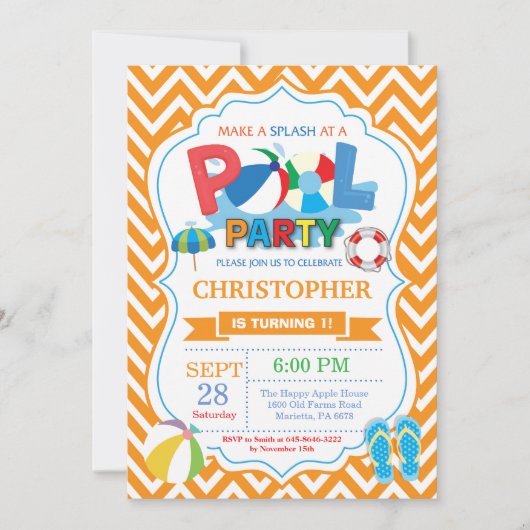 Pool Party Invitation Oranje Splish Splash Boy Kaart (Voorkant)