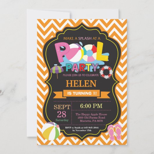 Pool Party Invitation Oranje Splish Splash Girl Kaart (Voorkant)