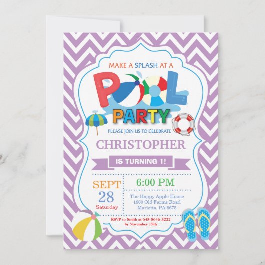 Pool Party Invitation Paars Splish Splash Boy Kaart (Voorkant)