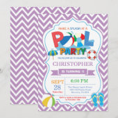 Pool Party Invitation Paars Splish Splash Boy Kaart (Voorkant / Achterkant)
