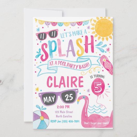 Pool Party Invitation, Pool Bash Birthday Invite Kaart (Voorkant)