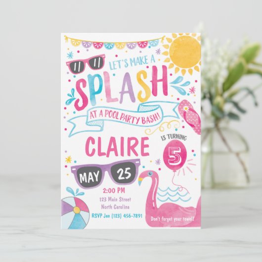 Pool Party Invitation, Pool Bash Birthday Invite Kaart (Staand voorkant)