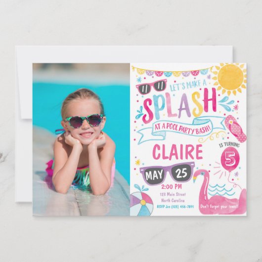 Pool Party Invitation, Pool Bash Birthday Invite Kaart (Voorkant)