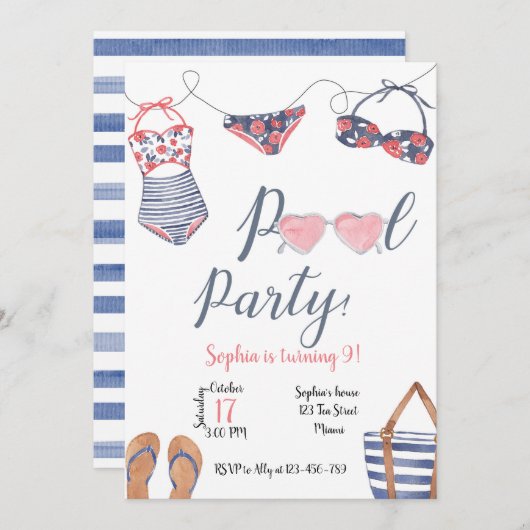 Pool Party Invitation, Pool Party Invite Kaart (Voorkant / Achterkant)