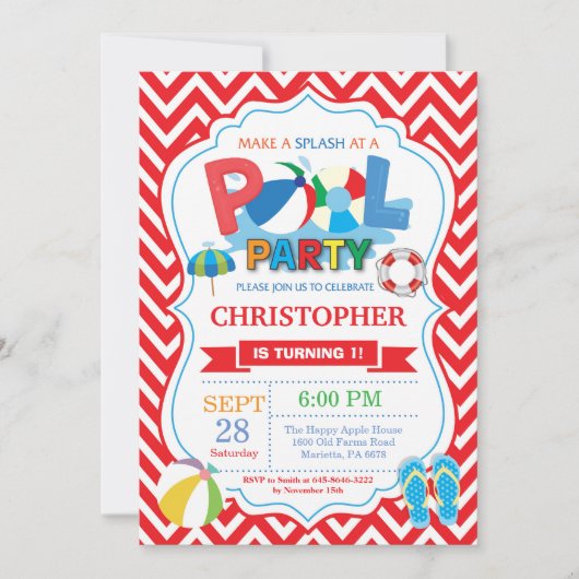 Pool Party Invitation Red Splish Splash Boy Kaart (Voorkant)