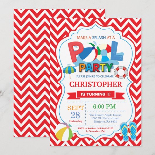 Pool Party Invitation Red Splish Splash Boy Kaart (Voorkant / Achterkant)