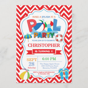 Pool Party Invitation Red Splish Splash Boy Kaart
