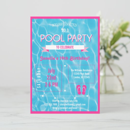 Pool Party Invitation Roze Kaart (Staand voorkant)