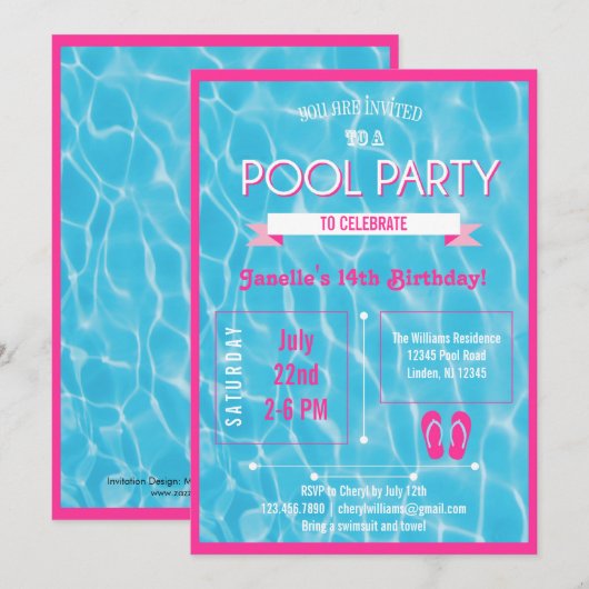 Pool Party Invitation Roze Kaart (Voorkant / Achterkant)