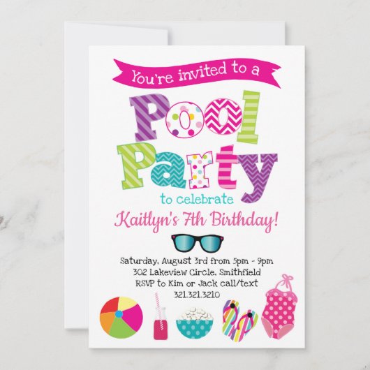 Pool Party Invitation - Summer Birthday Pool Party Kaart (Voorkant)