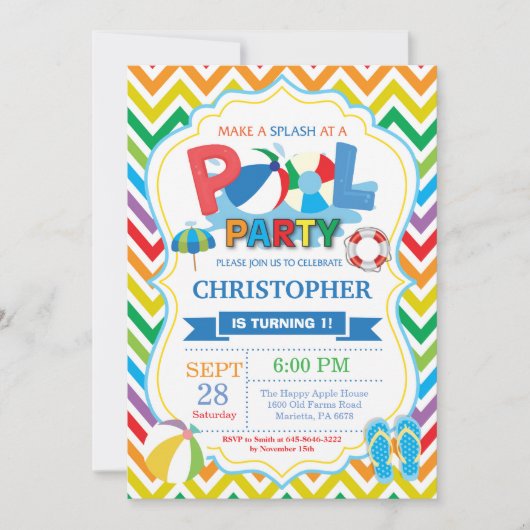 Pool Party Invitation Summer Splish Splash Boy Kaart (Voorkant)