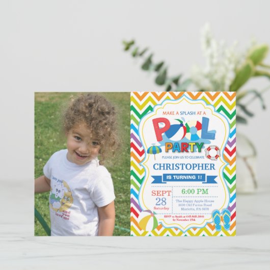 Pool Party Invitation Summer Splish Splash Boy Kaart (Staand voorkant)