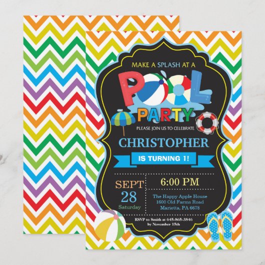 Pool Party Invitation Summer Splish Splash Boy Kaart (Voorkant / Achterkant)