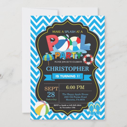 Pool Party Invitation Summer Splish Splash Boy Kaart (Voorkant)