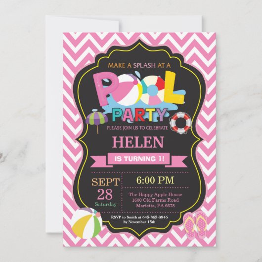 Pool Party Invitation Summer Splish Splash Girl Kaart (Voorkant)