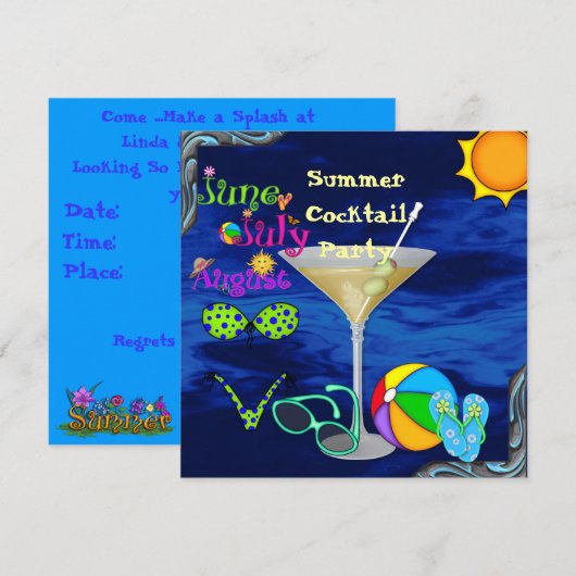 Pool Party INVITATION with Cocktails,Sunglass Kaart (Voorkant / Achterkant)